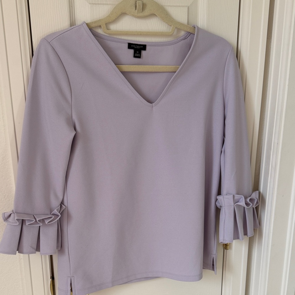 Ann Taylor Factory Lavender V-Neck Blouse with Ruffle Sleeves